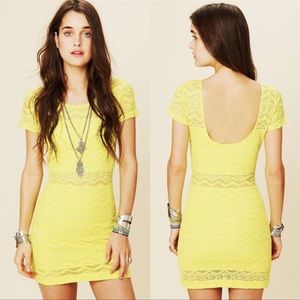 FREE PEOPLE GEO CHEVRON PRINT LACE NEON YELLOW BODY CON DRESS